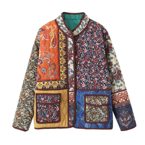 Damen gesteppte Patchwork-Quiltjacke mit Paisley- und Blumendessin, Rundhalsausschnitt und aufgesetzten Klapptaschen – Célinea