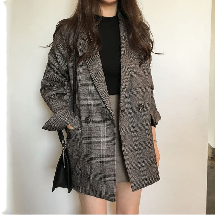 Damen Eleganter karierter Blazer mit doppelter Knopfleiste Echo Archiv