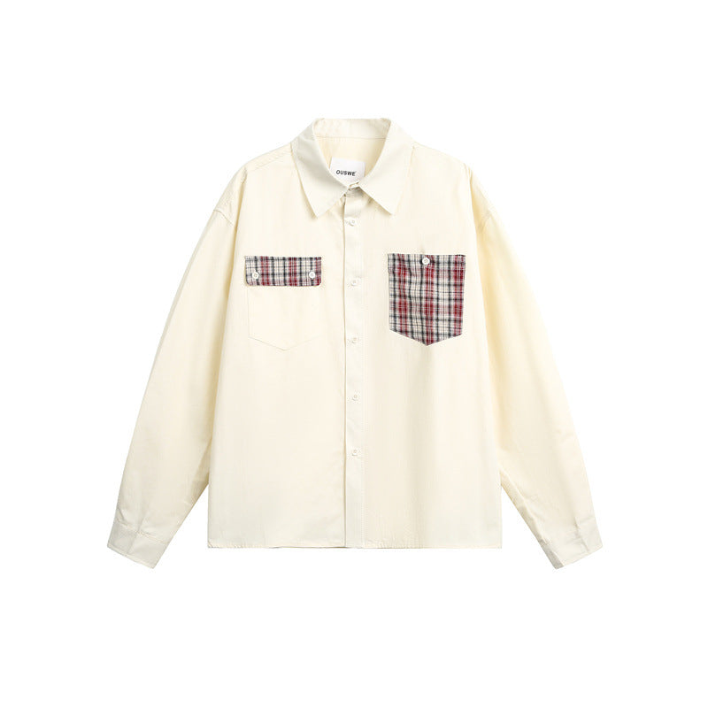 Unisex Locker geschnittene Baumwoll-Hemdjacke mit asymmetrischen Karo-Brustpattentaschen Echoarchiv