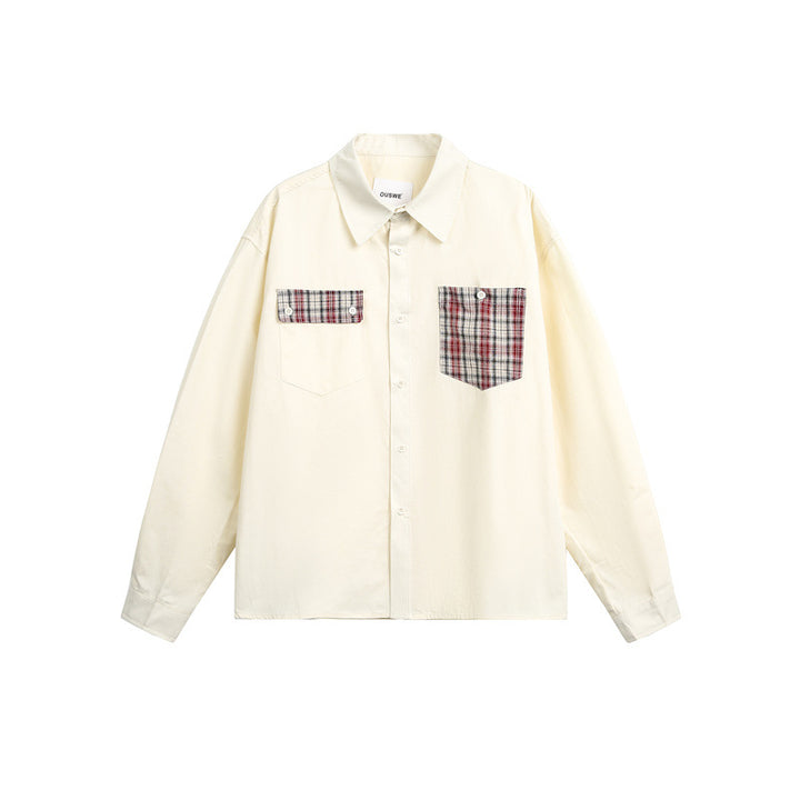 Unisex Locker geschnittene Baumwoll-Hemdjacke mit asymmetrischen Karo-Brustpattentaschen Echoarchiv