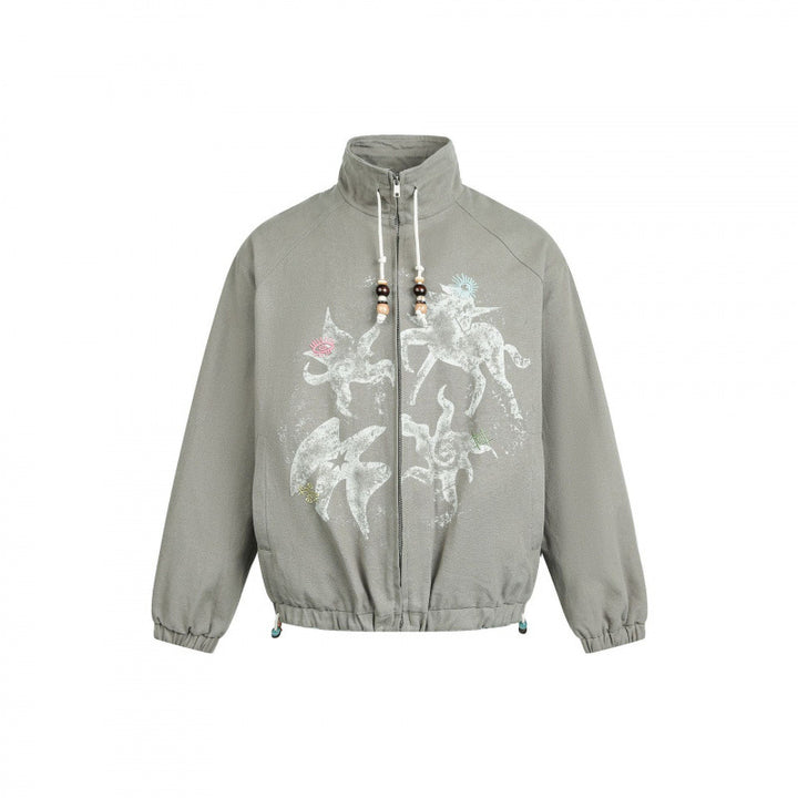 Damen Leichte Bomberjacke aus Baumwollmix mit Stehkragen, Perlenkordel und mystischem Print Echo Archiv