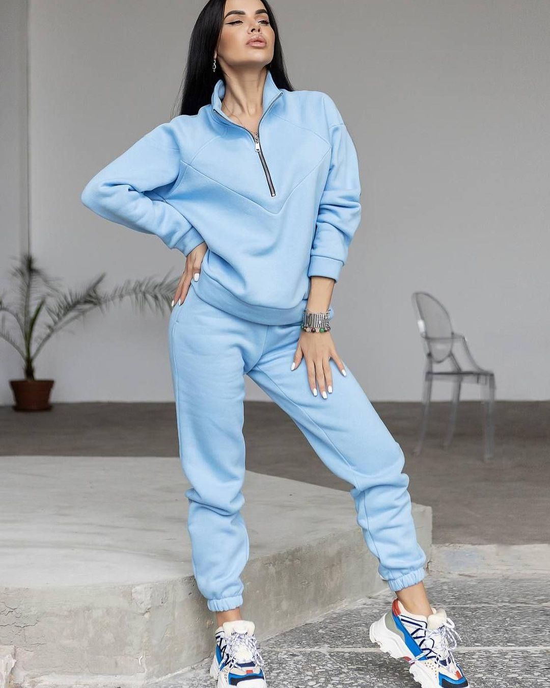 Damen Zweiteiliges Sweat-Loungewear-Set mit Troyer-Reißverschluss und elastischer Jogginghose Echoarchiv