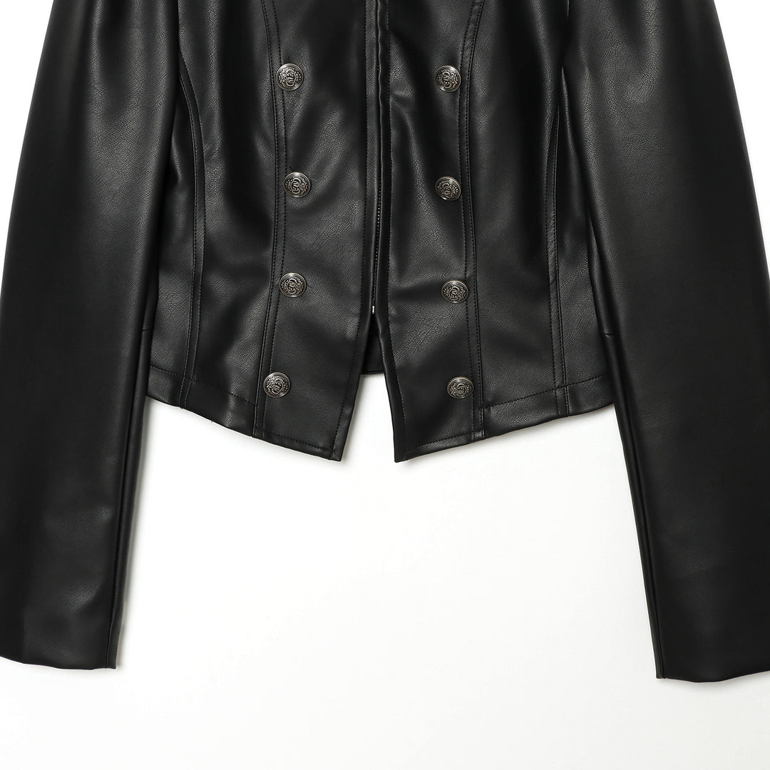 Damen kurzes Kunstleder-Doppelreihenjacke mit Stehkragen und Puffärmeln – Célinea