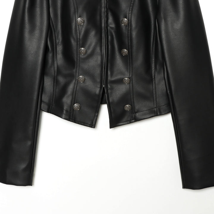 Damen kurzes Kunstleder-Doppelreihenjacke mit Stehkragen und Puffärmeln – Célinea