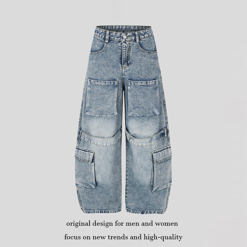 Damen Hochgeschnittene weite Cargo-Palazzo-Jeans mit großen aufgesetzten Taschen und Vintage-Waschung Echoarchiv