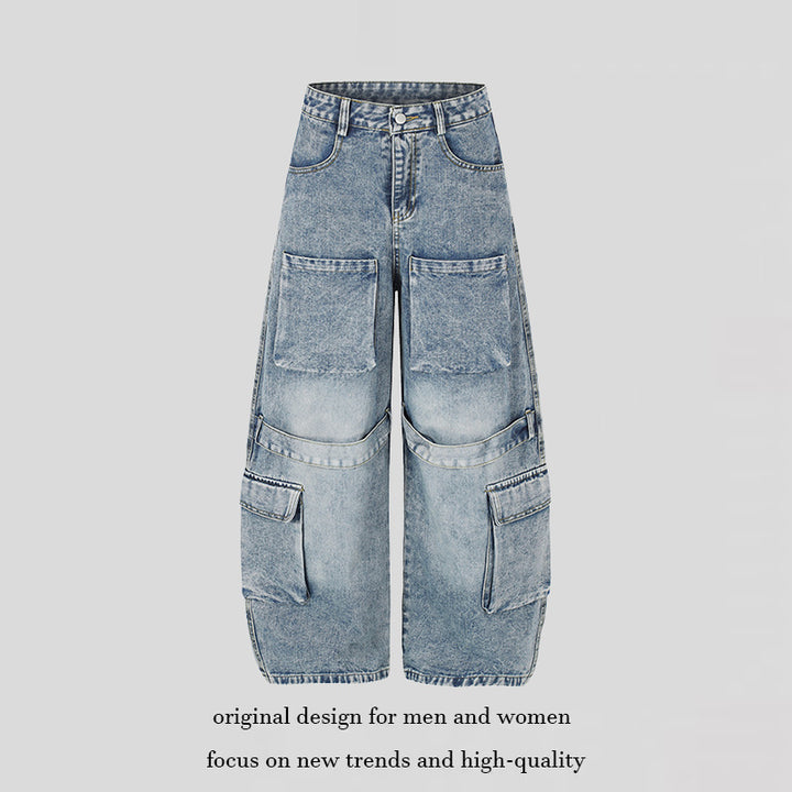 Damen Hochgeschnittene weite Cargo-Palazzo-Jeans mit großen aufgesetzten Taschen und Vintage-Waschung Echoarchiv