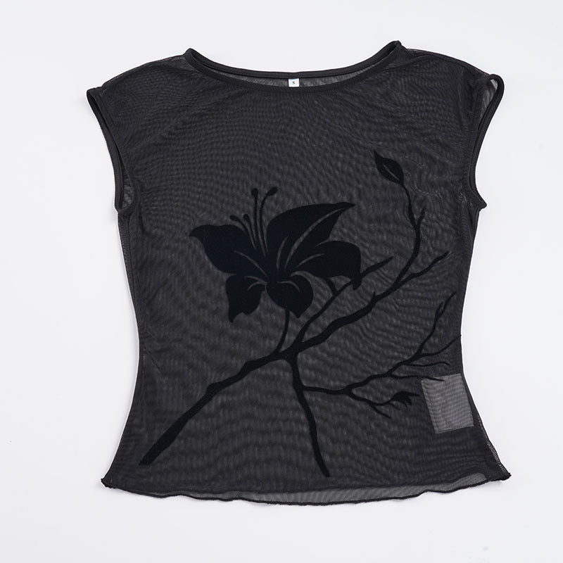 Damen transparente Mesh-Bluse mit floralem Druck Echo Archiv