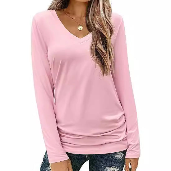 Damen Figurbetontes V‑Ausschnitt Langarmshirt aus Stretch‑Jersey mit leicht gerafftem Saum Echo Archiv