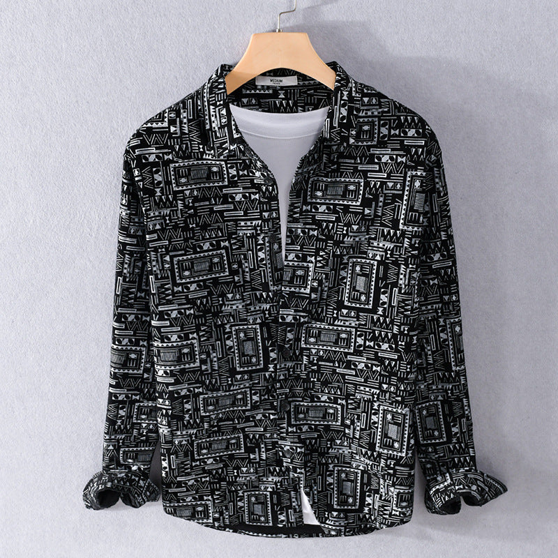 Herren Langarmhemd im Overshirt-Stil mit geometrischem Ethno‑Print Echoarchiv