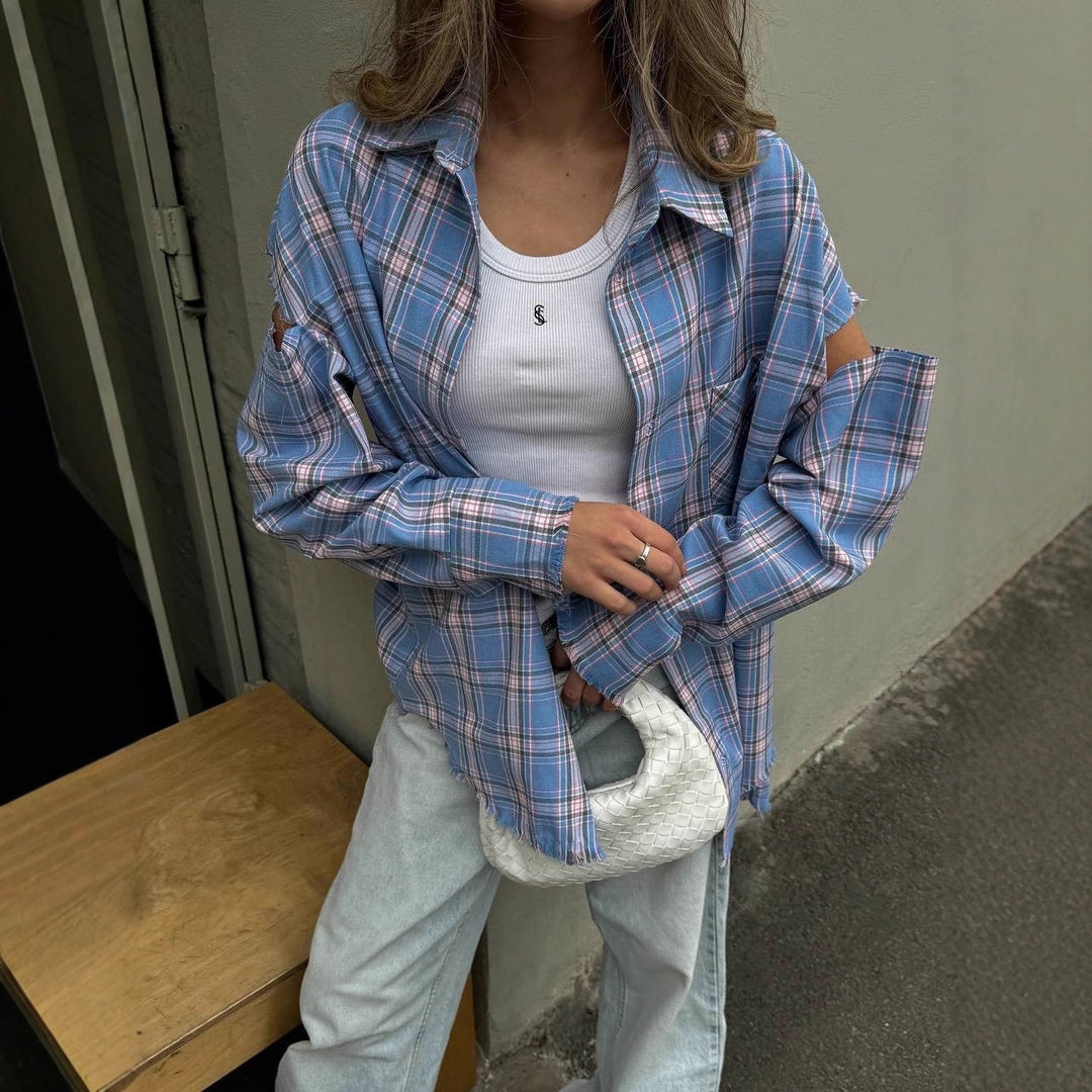 Damen karierte Oversize-Hemdjacke mit Cut-Out-Ärmeln und rohem Saum Echoarchiv