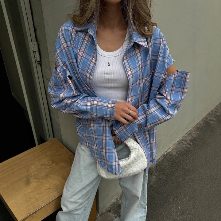 Damen karierte Oversize-Hemdjacke mit Cut-Out-Ärmeln und rohem Saum Echoarchiv