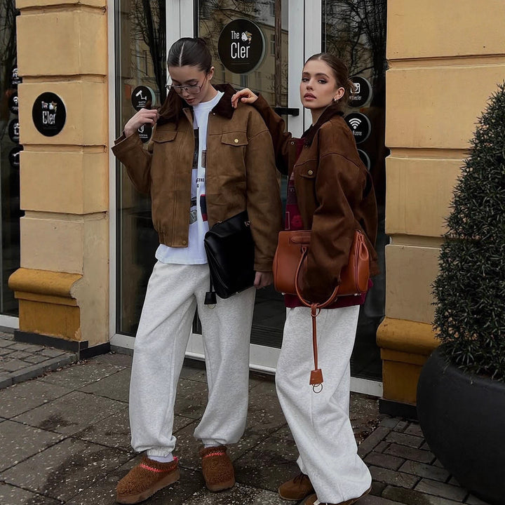 Damen Boxy-Suede-Blousonjacke mit Cordkragen und Teddyfutter Echoarchiv