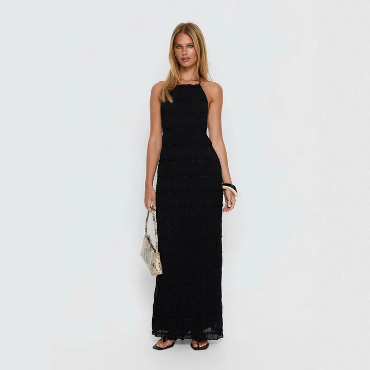 Damen Maxikleid mit schulterfreiem Design und fließenden Rüschen Echo Archiv
