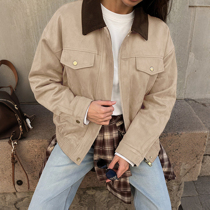 Damen Modische Velours-Lederjacke mit Cordkragen Echo Archiv