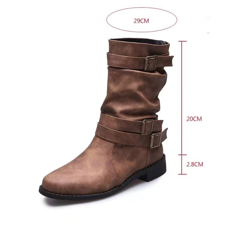 Damen nan lässiger mittlerer Schaftstiefel mit weichem Slouch-Effekt, dekorativen Schnallenriemen und robustem Blockabsatz Echo Archiv