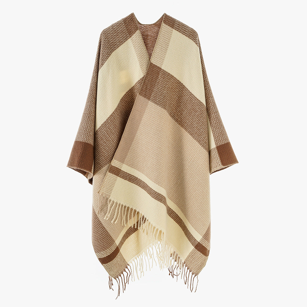 Damen Wollmix-Capeponcho mit V‑Ausschnitt, Blockstreifen und Fransen – Avérine