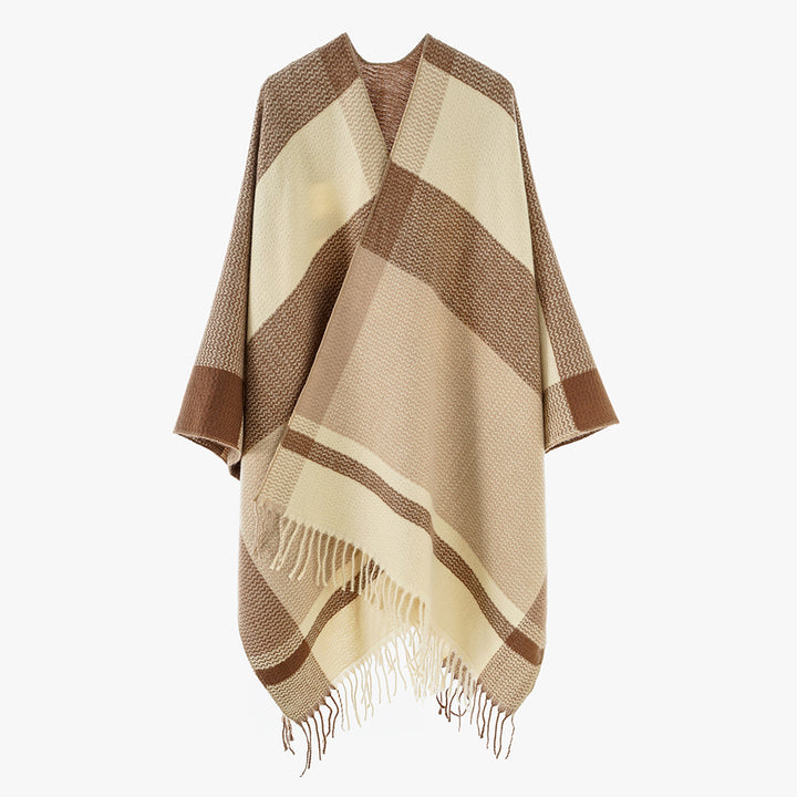 Damen Wollmix-Capeponcho mit V‑Ausschnitt, Blockstreifen und Fransen – Avérine