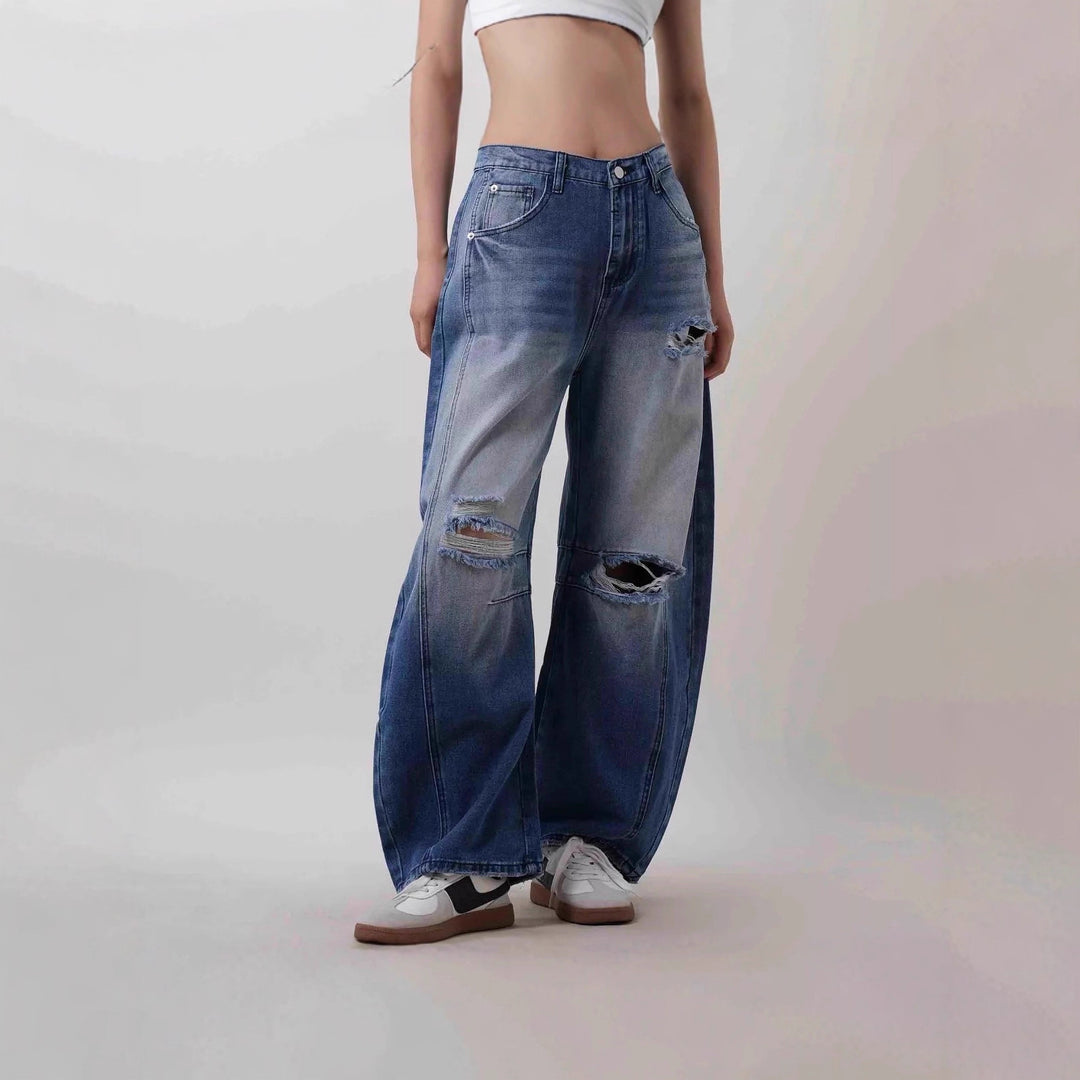 Damen nan Baggy-Jeans mit hohem Bund, sichtbaren Nahtpaneelen und distressed Kniepartien Echo Archiv