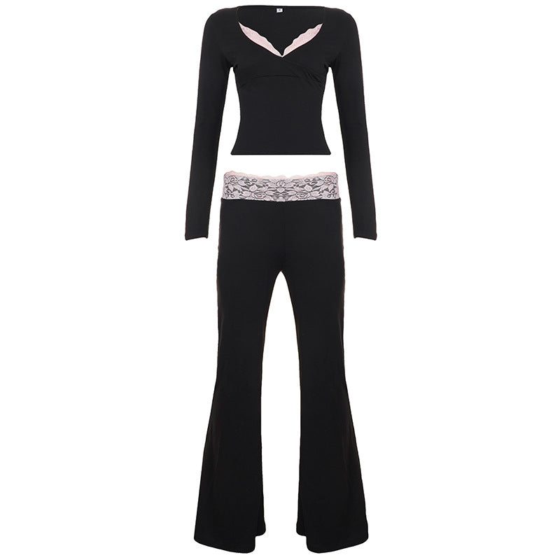 Damen nan Lounge-Set mit Spitzenbund, V-Ausschnitt und ausgestellter Schlaghose Echo Archiv