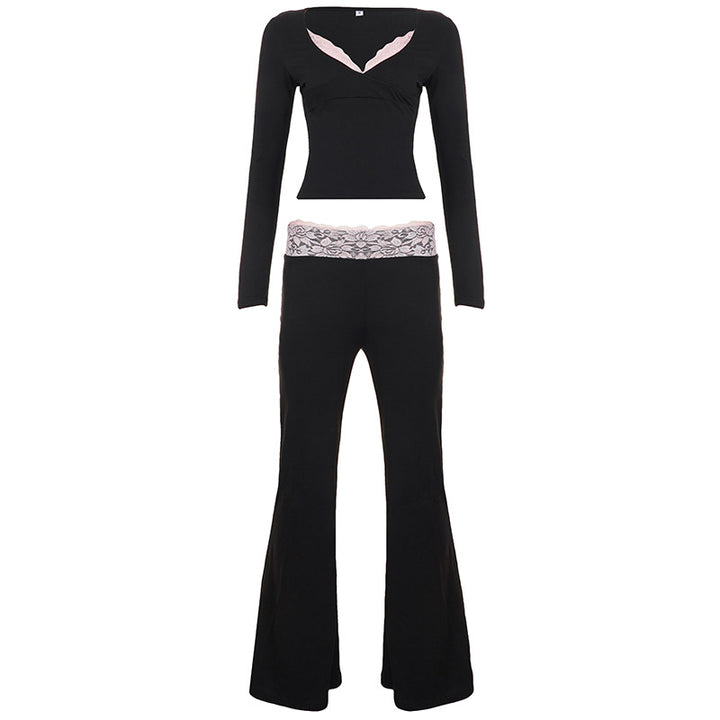 Damen nan Lounge-Set mit Spitzenbund, V-Ausschnitt und ausgestellter Schlaghose Echo Archiv
