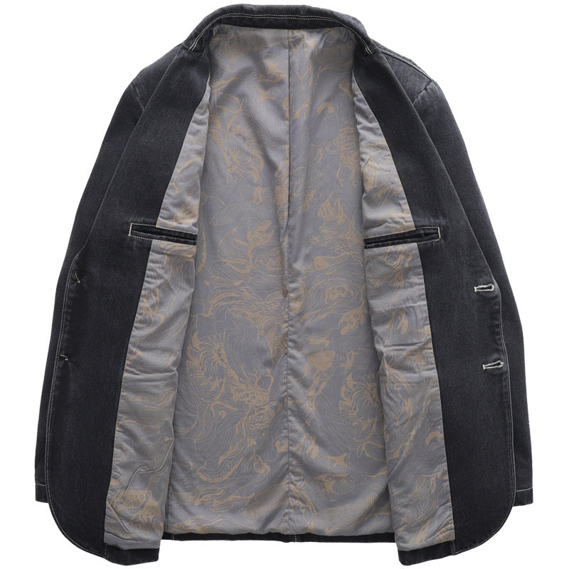 Herren Casual-Jeansblazer mit Reverskragen, aufgesetzten Pattentaschen und floral gemustertem Innenfutter – Tianoro