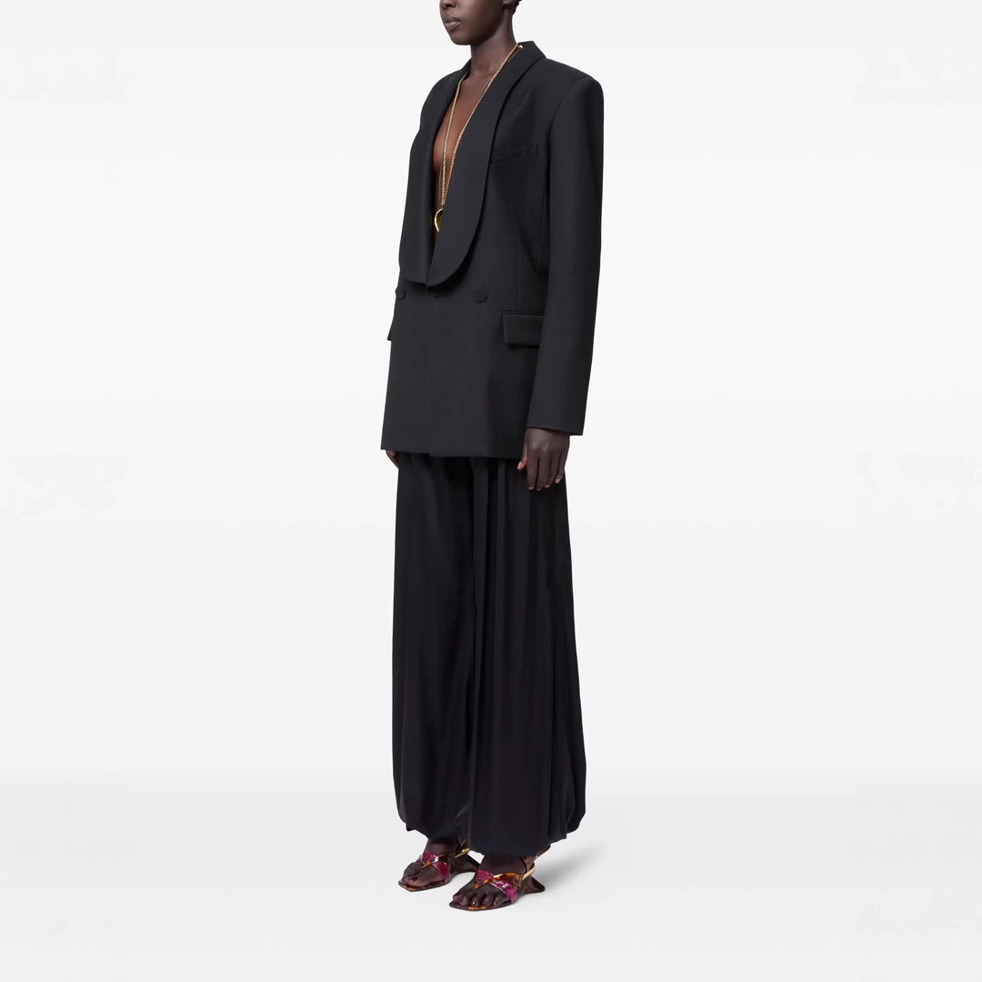 Damen Oversized Smoking-Longblazer mit tiefem Schalkragen und verlängerter Schulterlinie Echoarchiv