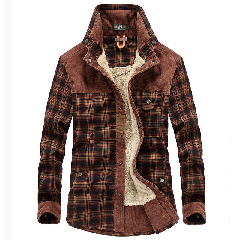 Herren Gefütterte Karo‑Hemdenjacke mit Teddyfleece‑Innenfutter und Cord‑Schulterbesatz – Taviero