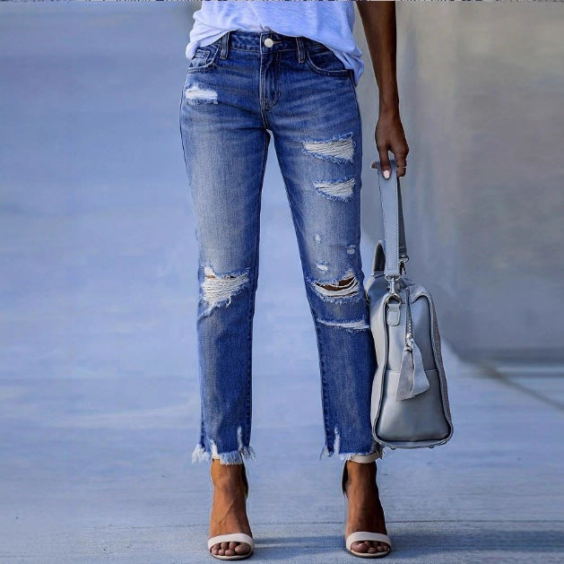Damen knöchellange gerade geschnittene Destroyed-Jeans mit hoher Taille und ausgefranstem Saum Echo Archiv