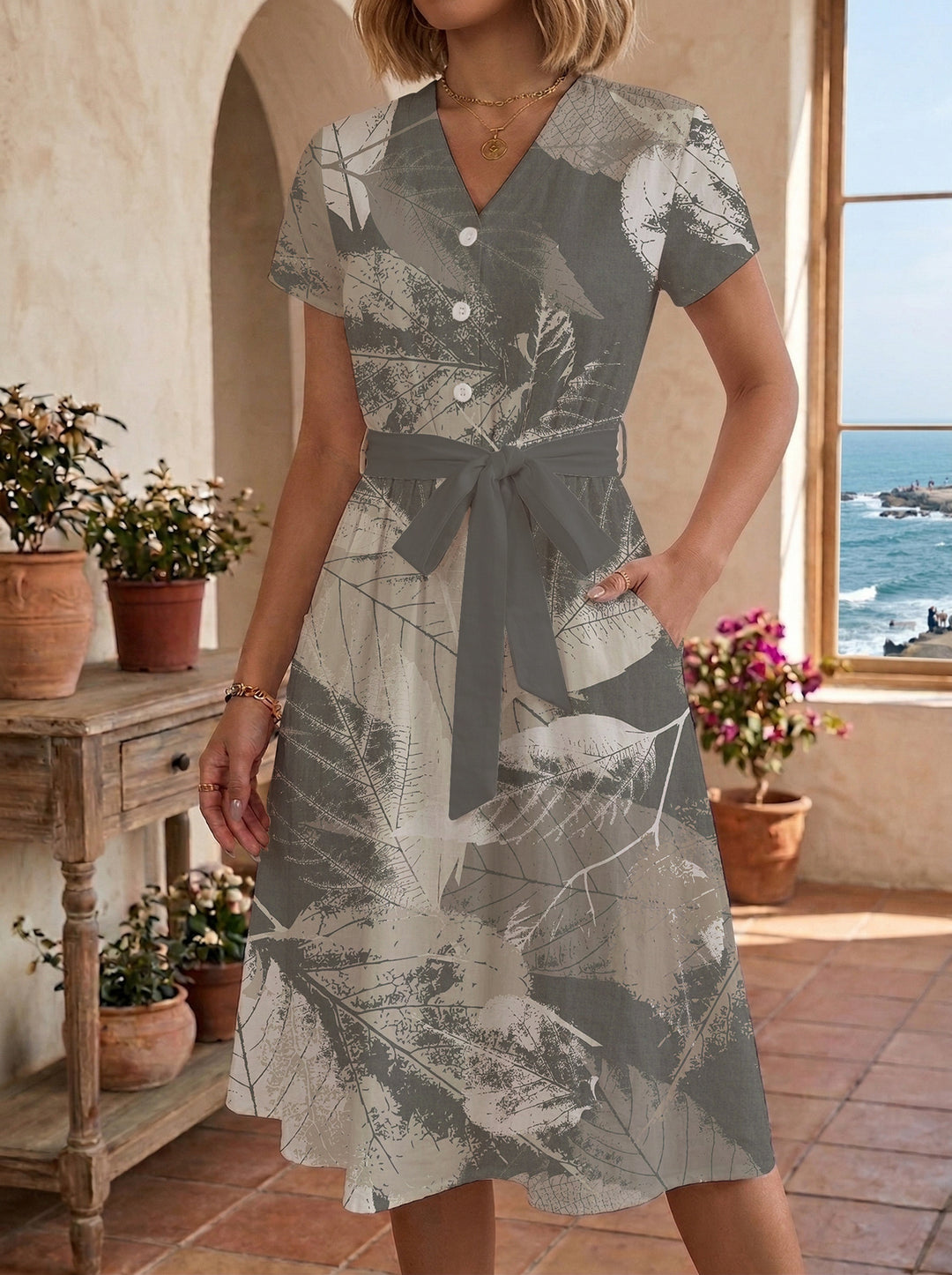Damen Blühendes Midikleid mit taillierbarem Gürtel und kunstvollem Print Echo Archiv