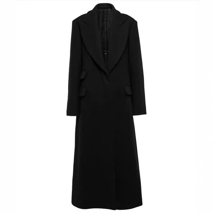 Damen Bodenlanger Longline Einreiher Wollmix-Mantel mit markanter Schulterpartie Echoarchiv