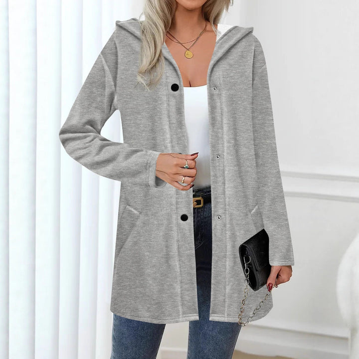 Damen Langer Kapuzen-Cardigan mit Druckknopfleiste, Eingrifftaschen und legerer Silhouette – Veloura