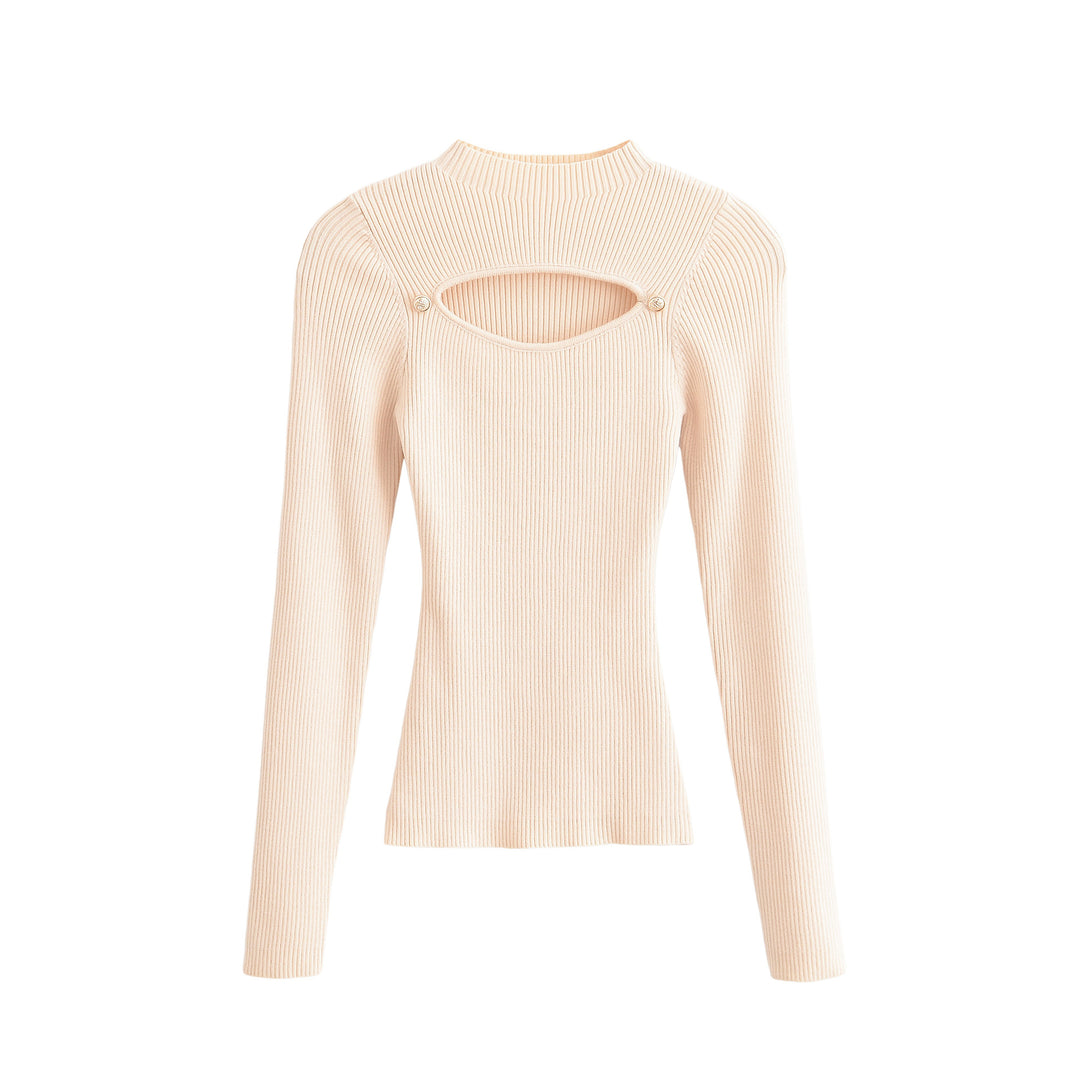 Damen Gerippter Stretch-Feinstrickpullover mit Brust-Cut-Out und Zierknöpfen Echoarchiv