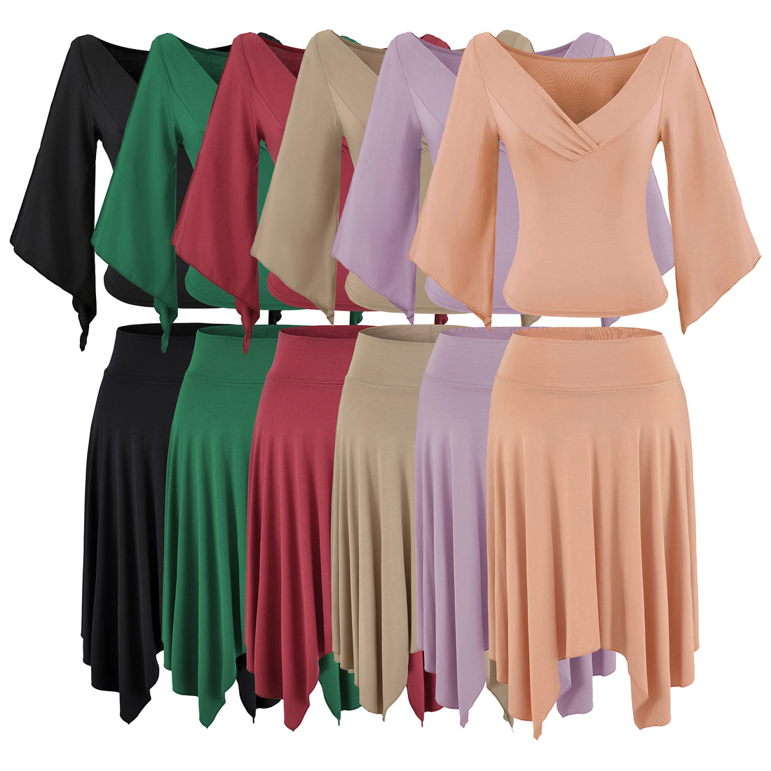 Damen Zweiteiliges Set aus drapiertem Top mit Fledermausärmeln und asymmetrischem Tellerrock Echoarchiv