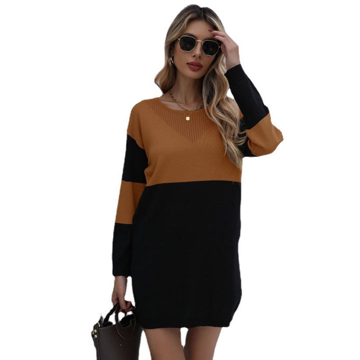 Damen Feinstrick-Minikleid mit Colorblock-Design, V‑Ajour-Ausschnitt und geripptem Saum Echoarchiv