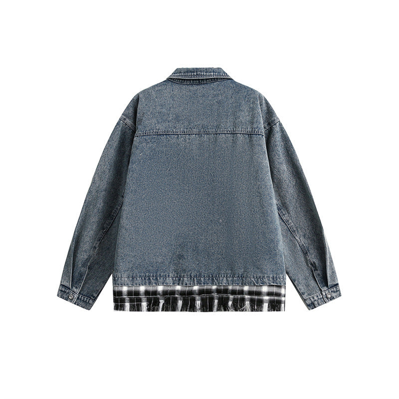 Unisex Kastig geschnittener Denim-Blouson im Lagenlook mit karierter Innenlage Echoarchiv