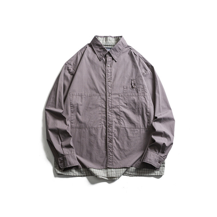 Unisex Oversize Hemdjacke im Lagenlook mit aufgesetzten Brusttaschen und karierter Einsatzkante Echoarchiv