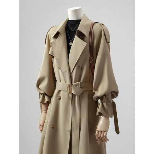 Damen Doppelreihiger Trenchcoat mit Taillengürtel und Ballonärmeln Echoarchiv