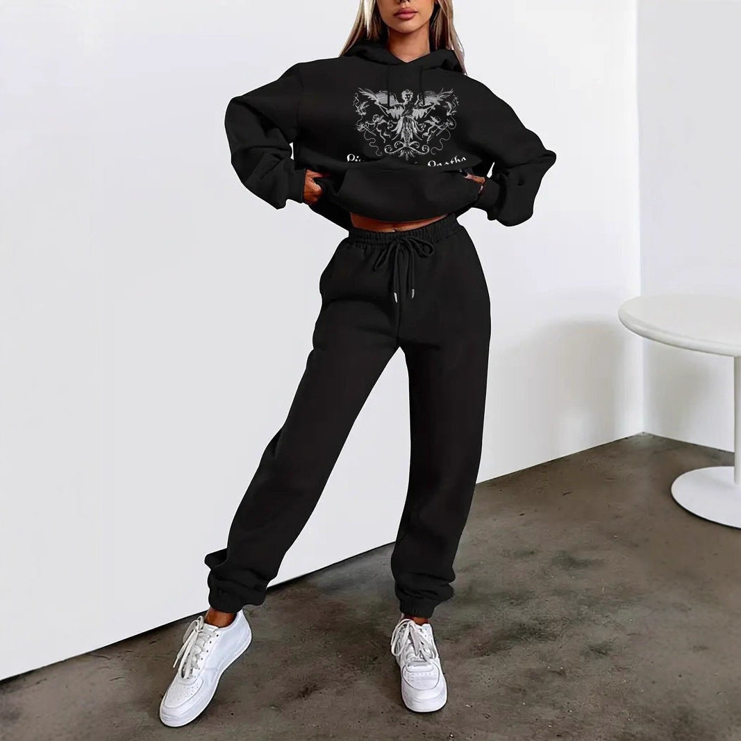 Damen zweiteiliges Lounge-Set Kapuzenpullover Cropped und High-Waist Jogginghose mit Engelsmotiv und elastischem Bund – Auréline