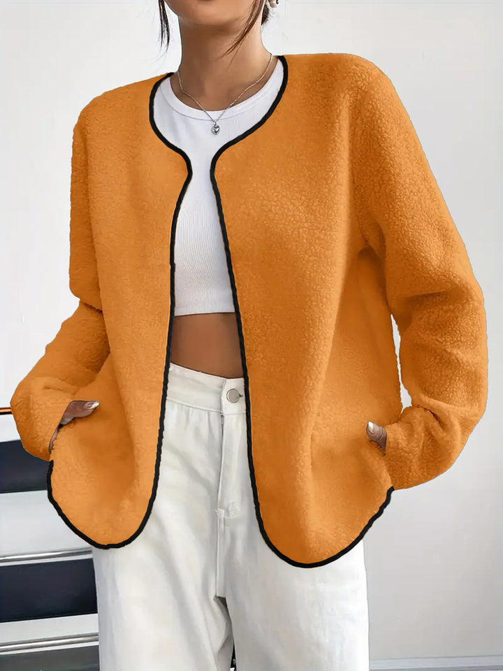 Damen Kurzjacke Teddy-Fleece Cardigan ohne Verschluss mit Rundhals – Célinea