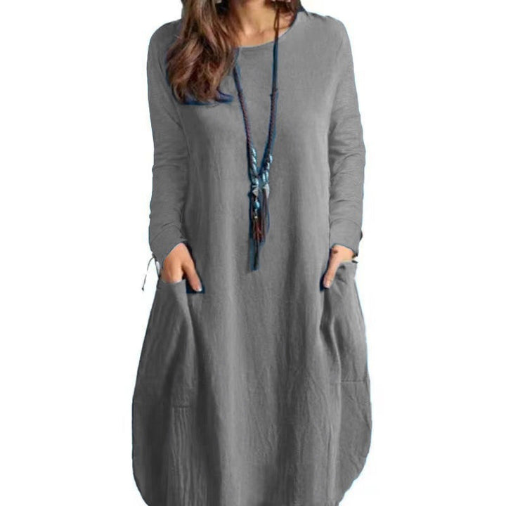 Damen Langes A‑Linien Leinenoptik Kleid mit Eingrifftaschen und Rundhalsausschnitt Echoarchiv