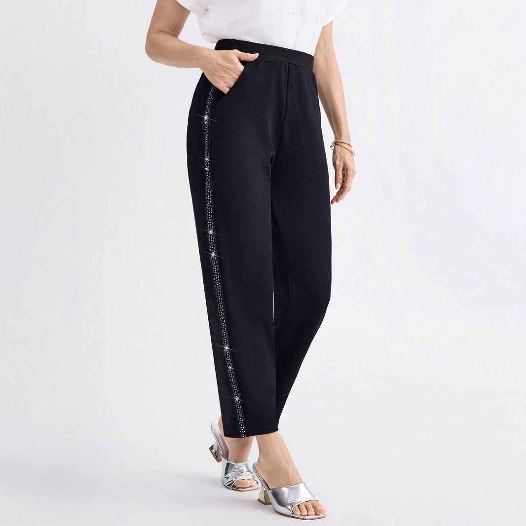 Damen Elegante gerade geschnittene Stoffhose mit elastischem Bund und seitlichem Glitzerbesatz – Avérine