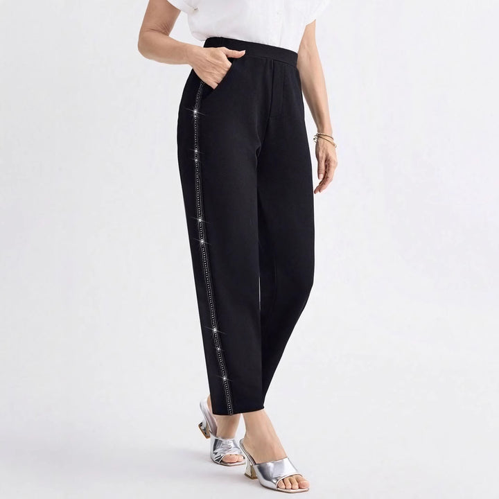 Damen Elegante gerade geschnittene Stoffhose mit elastischem Bund und seitlichem Glitzerbesatz – Avérine