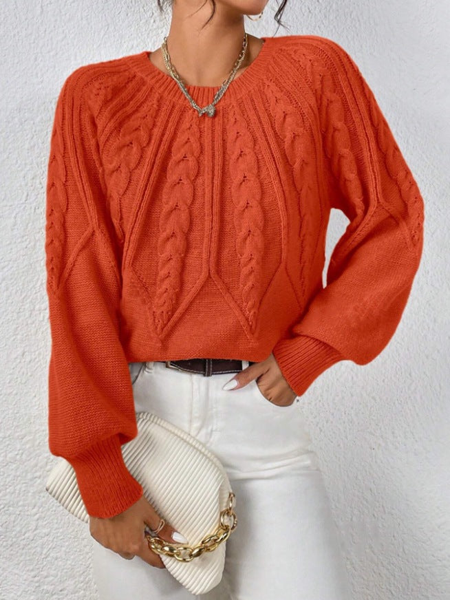 Damen nan kurzer Zopfmuster-Strickpullover mit Ballonärmeln und geripptem Saum Echo Archiv