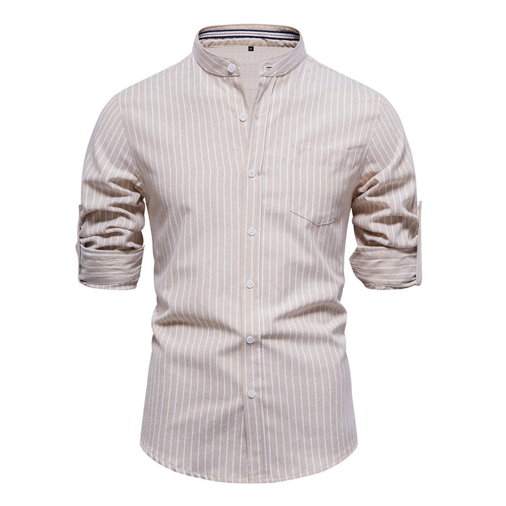 Herren gestreiftes Hemd im modischen Henley-Stil mit Brusttasche und rollbaren Ärmeln Echoarchiv
