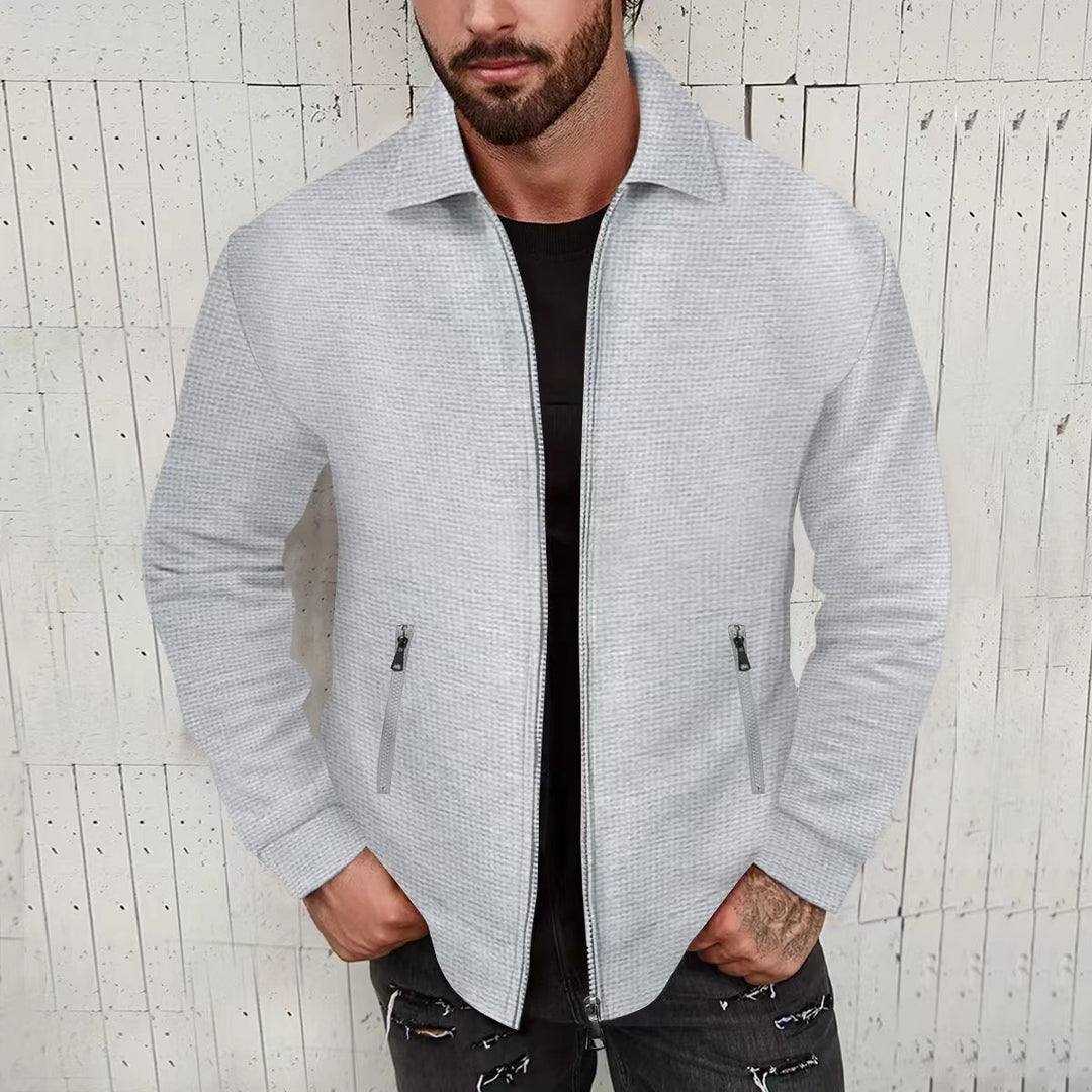 Herren minimalistische Stehkragen-Feinstrick-Übergangsjacke mit Zwei-Wege-Reißverschluss und verdeckten Reißverschlusstaschen – Taviero