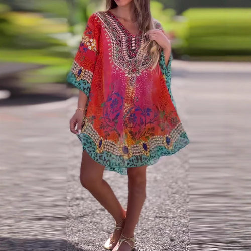 Damen nan kurzes Tunika-Kaftan mit verziertem V-Ausschnitt und floral-animalischer Bordüre Echo Archiv