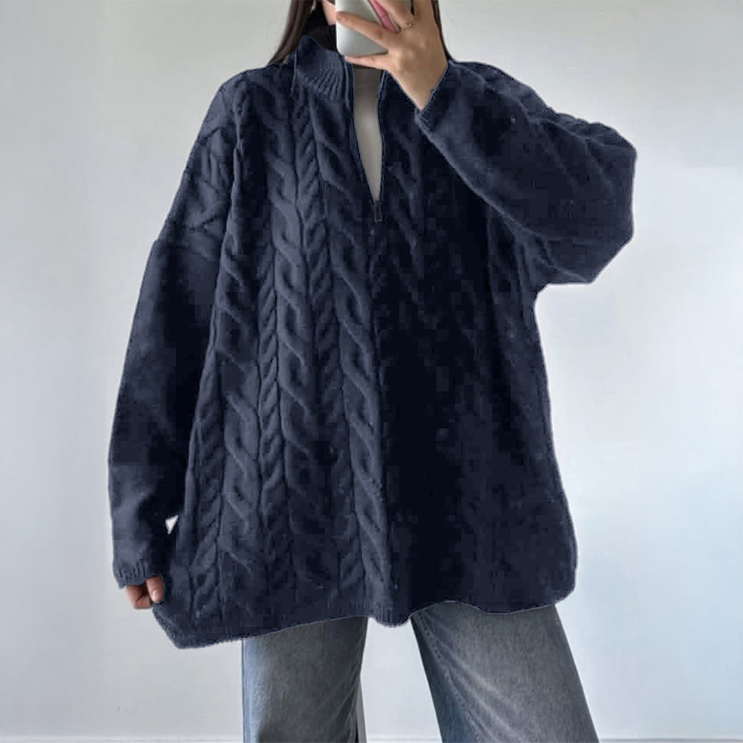 Damen nan oversized Zopfmuster-Troyer mit halbem Reißverschluss, hohem Stehkragen und gerundetem Saum Echo Archiv