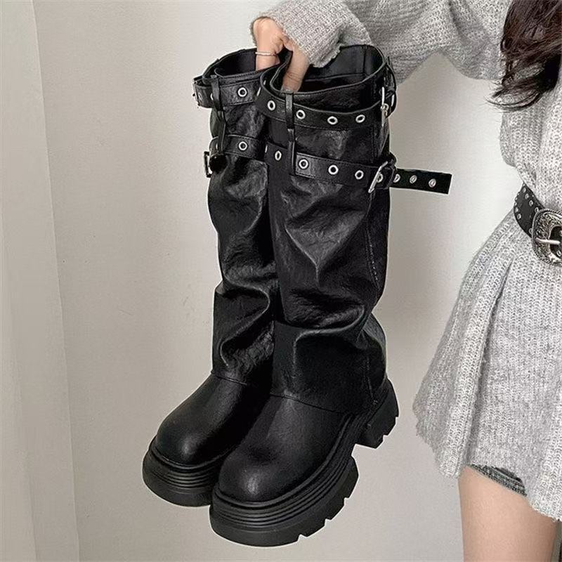 Damen PlatEchoarchivu-Stiefel mit modischem Schnallenverschluss und eleganter Faltenoptik Echoarchiv