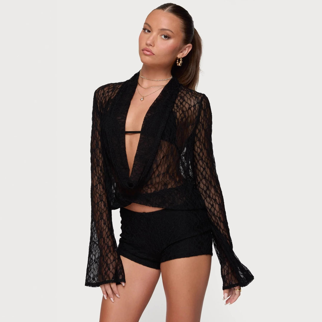 Damen Transparente Spitze Bluse mit tiefem V-Ausschnitt und weit ausgestellten Ärmeln Echo Archiv