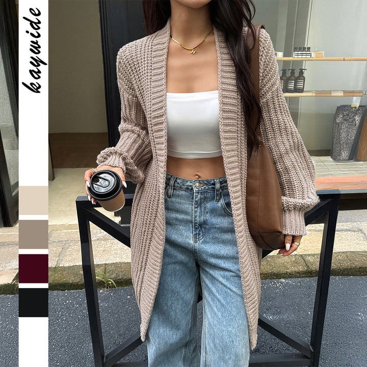 Damen lange Grobstrick-Cardigan mit offener Front und Ballonärmeln – Veloura